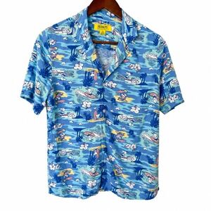 Peanuts Snoopy Hawaiian Shirt Blue Surf Tropical Rayon Button Down Unisex Large